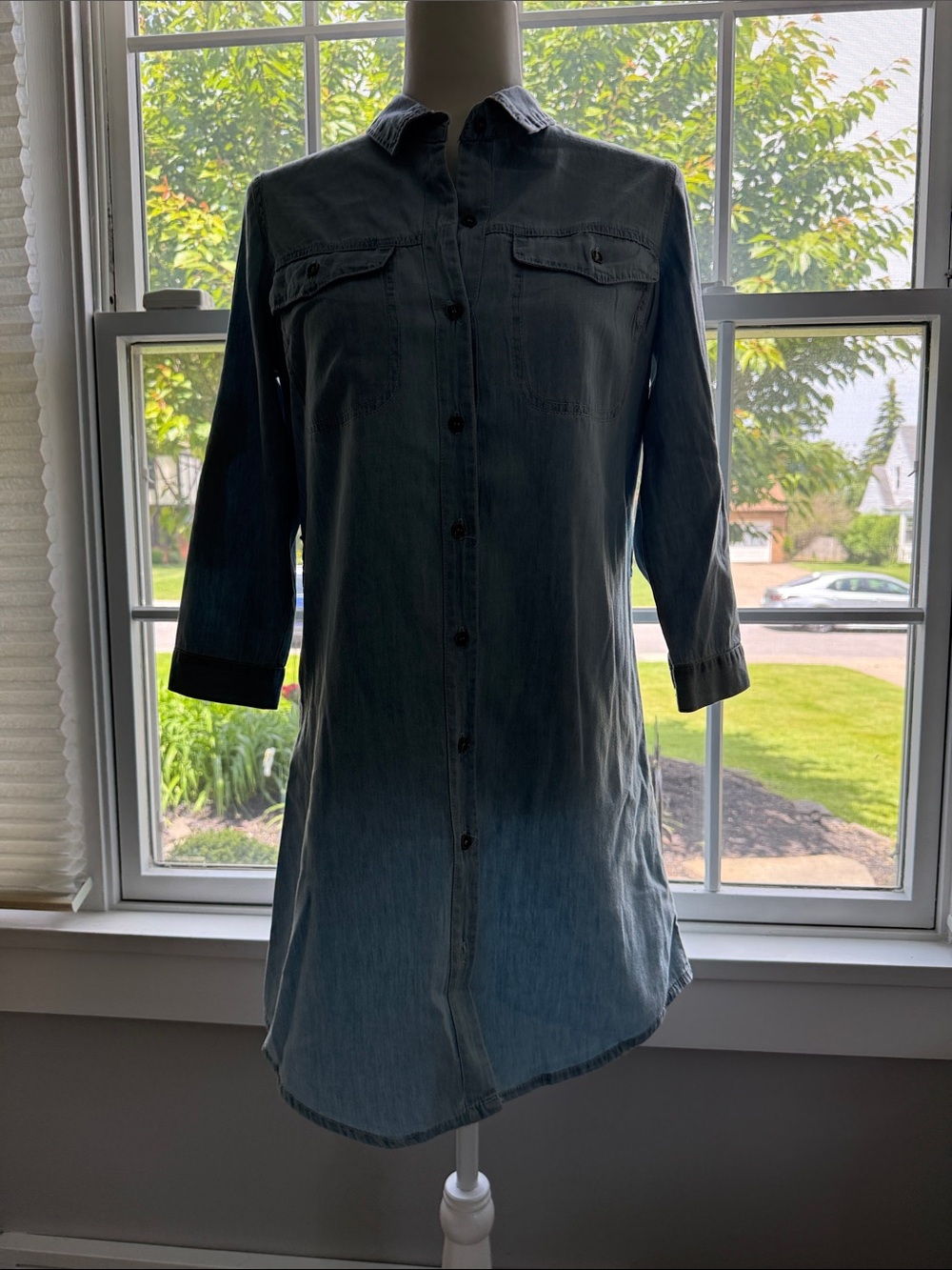 Denim Button-Front Long-Sleeve Shirt Dress - Light Blue